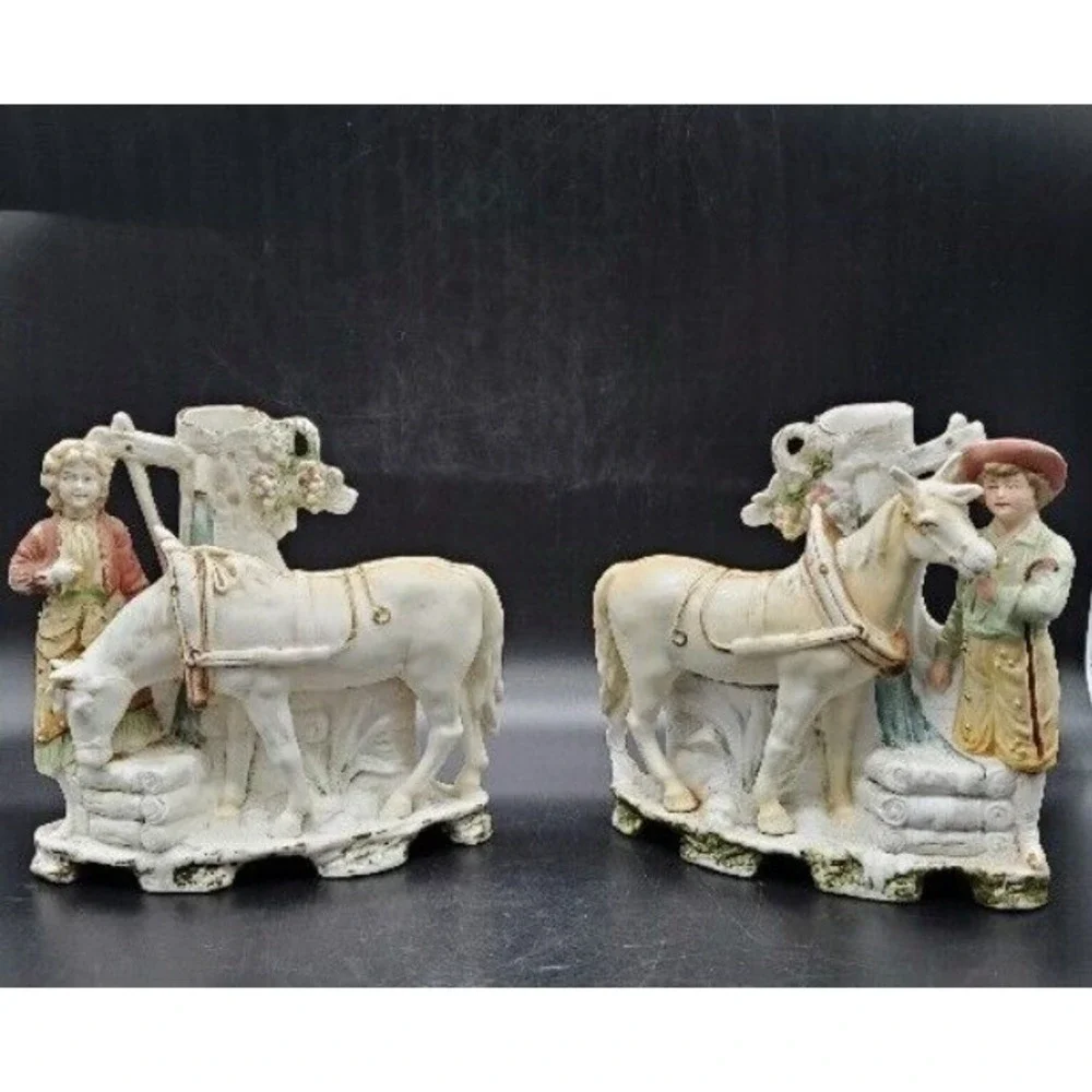 Antique‎ Pair German Grafental Bisque Porcelain Figurine Vase Horse People 6.5